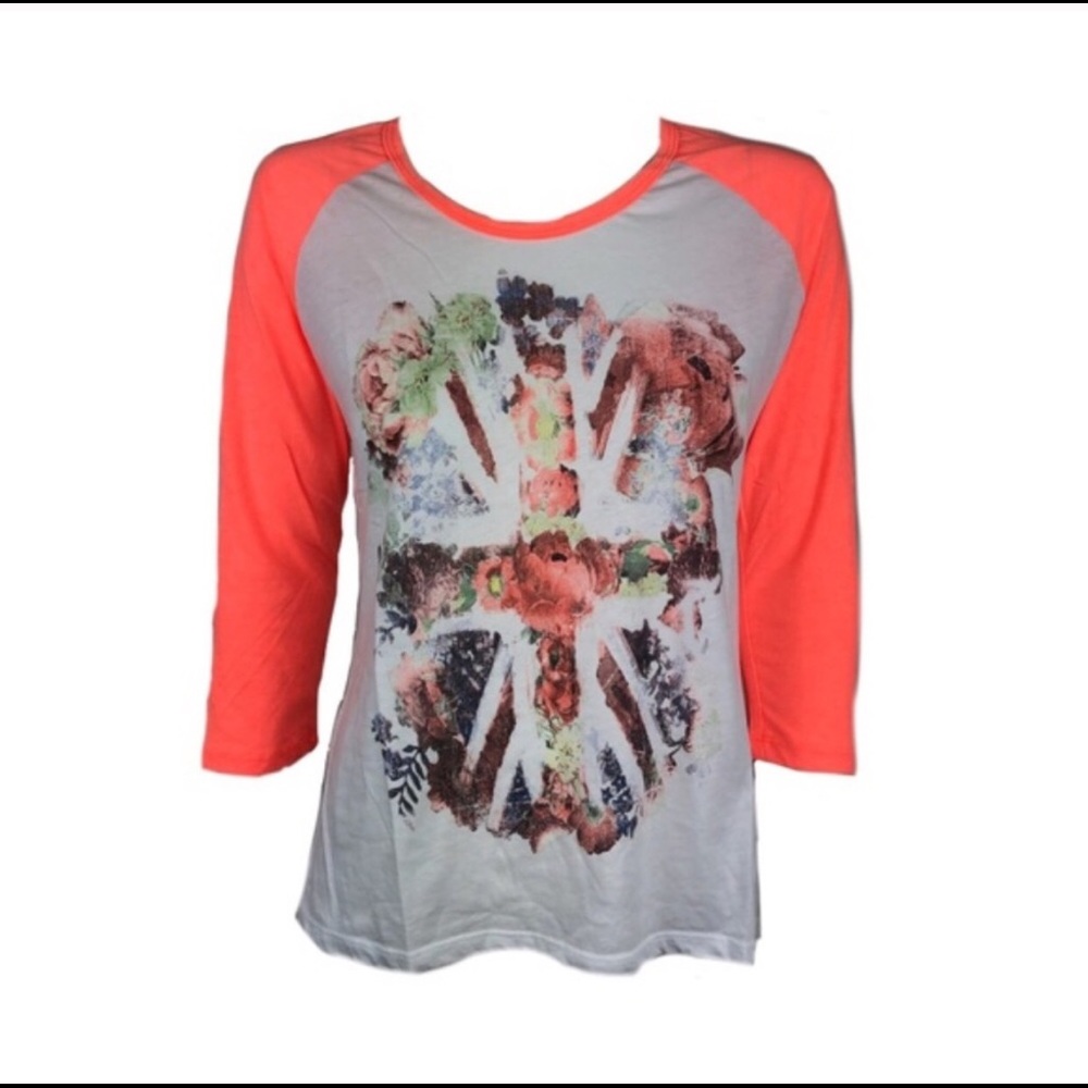 NWOT Miss Me Jeans Floral Union Jack 3/4 Tee
